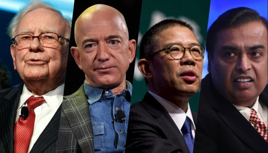 Từ trái sang phải: Warren Buffett, Jeff Bezos, Zhong Shanshan và Mukesh Ambani - Ảnh: Bloomberg/Forbes